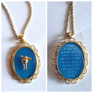 Angel necklace blue gold tone Prayer religious Christian jewelry